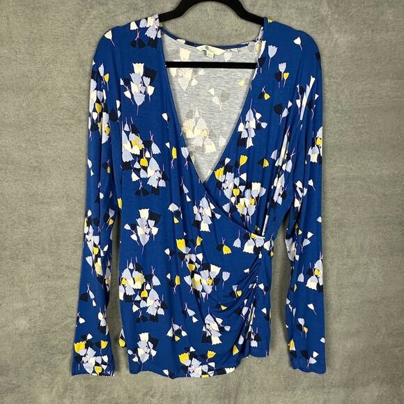 Boden Tops - Boden Top Womens 14 Blue Floral Long Sleeve Faux Wrap Jersey Preppy Career